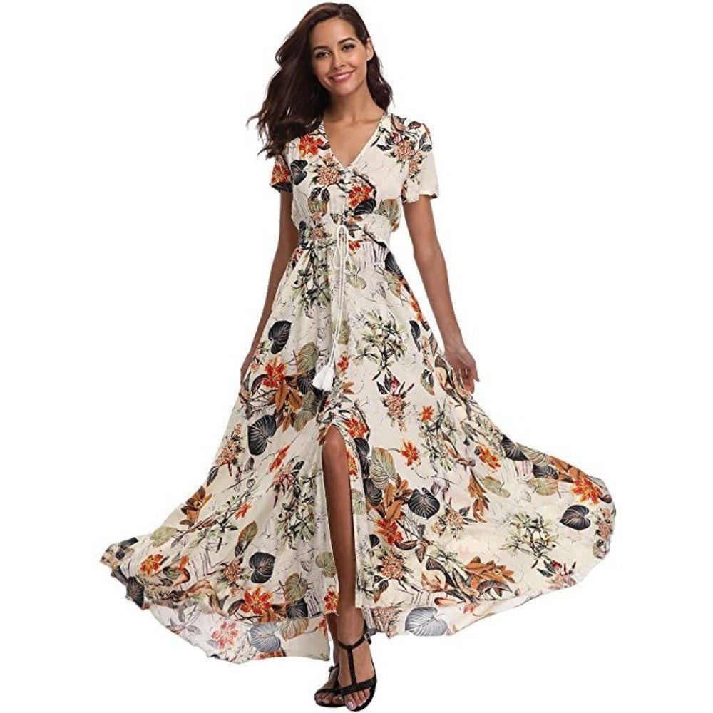 Floral Print Boho Maxi Dress with Tassels and Front Slit